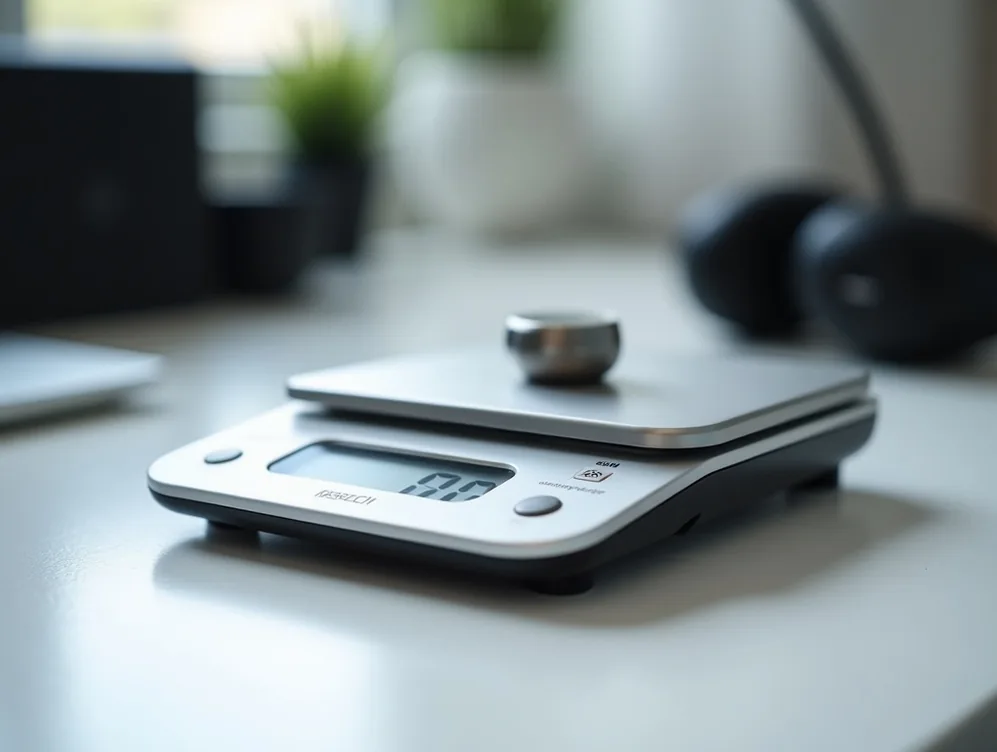 Close-up of digital jewelry scale on minimalist white desk showing precise gram readings