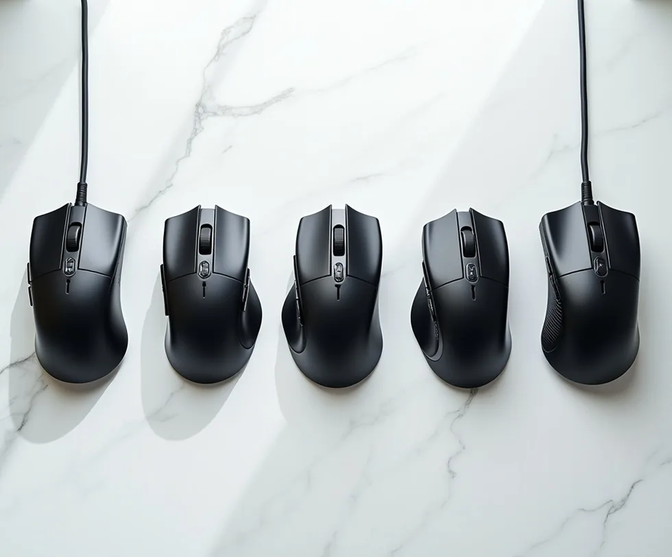 Five different gaming mice in a row on white marble surface with different glide configurations