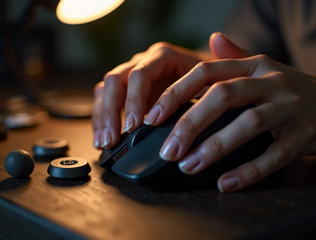 Focused hands carefully placing a small tungsten weight inside a gaming mouse