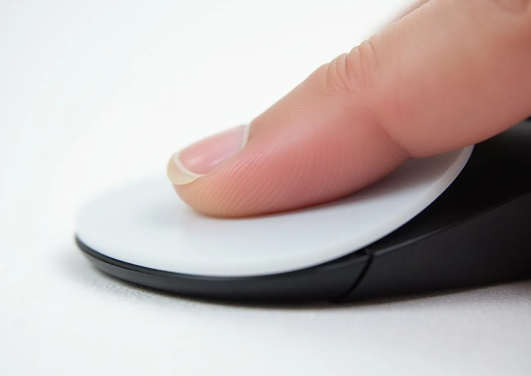 Macro shot of PTFE glide pad being pressed onto underside of mouse
