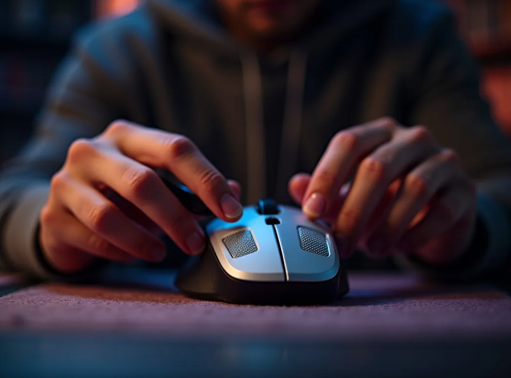 Male hands in hoodie carefully peeling protective film off fresh PTFE mouse feet