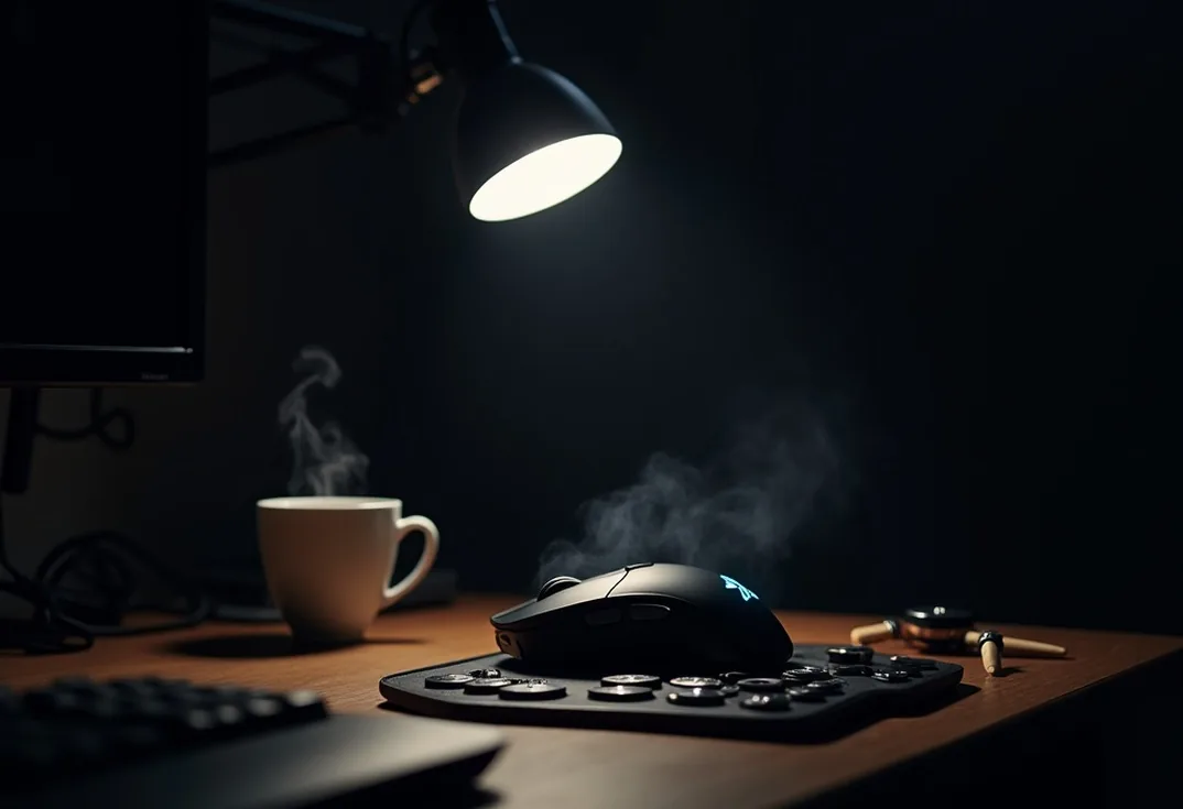 Moody late-night desk scene with adjustable lamp illuminating gaming mouse mid-disassembly