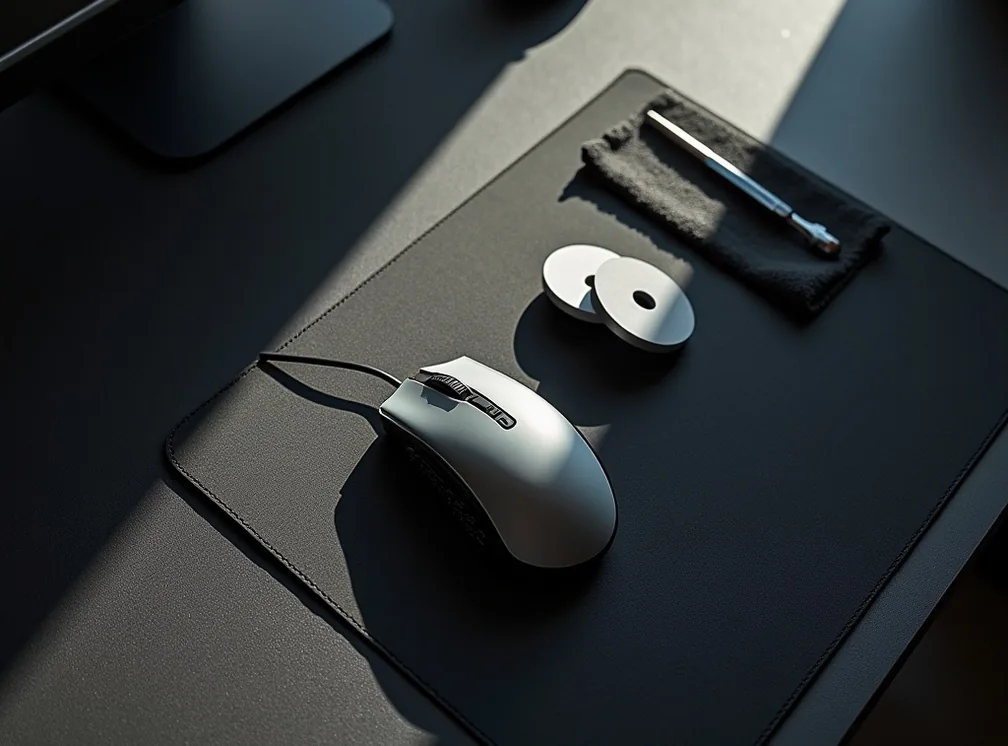 Top-down flat lay of gaming desk workspace with disassembled mouse and tools