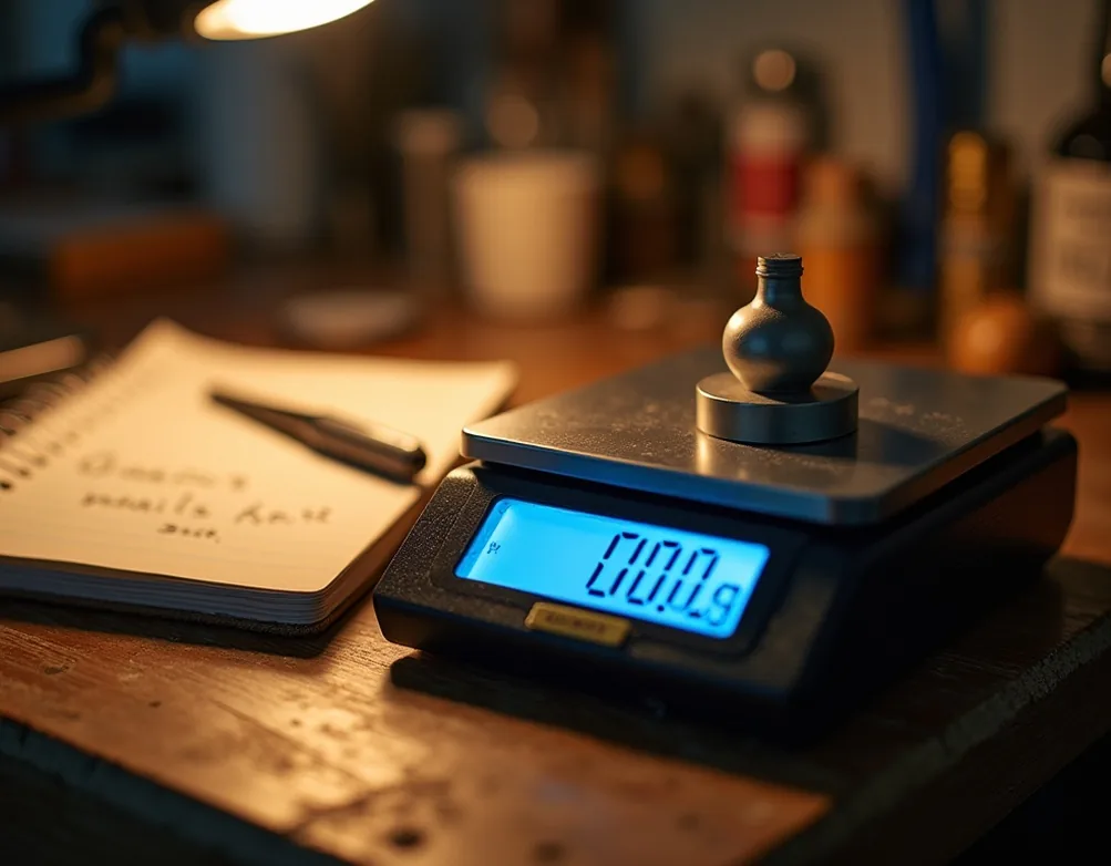 Precision scale displaying 300g with tungsten weight on workbench
