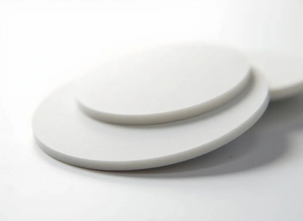 Macro shot of two AeroFoot hybrid PTFE mouse glide pads shown at slight angle